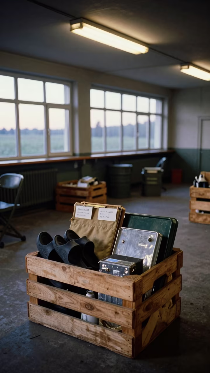 Ukrainian Command Post Field Shower Sandal Crate Dawn in inside a command post in Ukraine