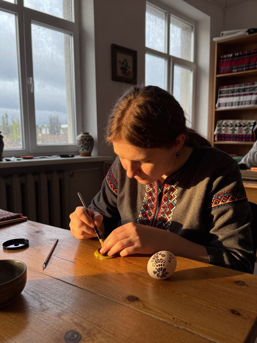 Ukrainian Pysanka Painter in Dalian Prayer Hall in in a prayer hall near Dalian