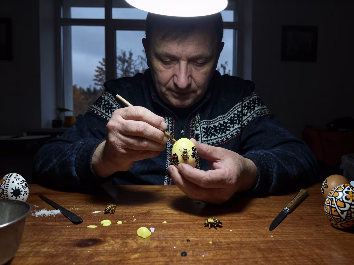 Ukrainian Pysanka Painter in Zhengzhou Hall in in a ceremonial hall near Zhengzhou