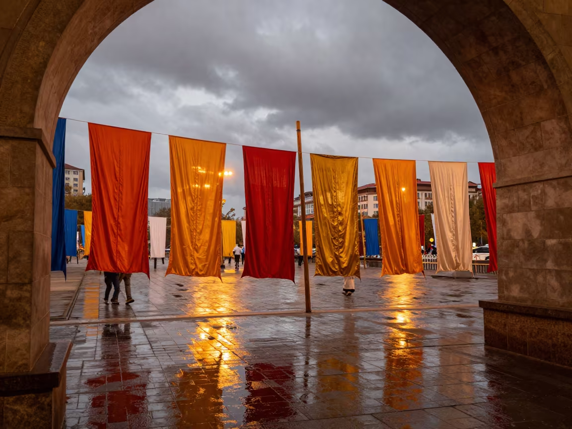 Ulaanbaatar Festival Banners Drying in Rain in at a public square during a festival in Ulaanbaatar