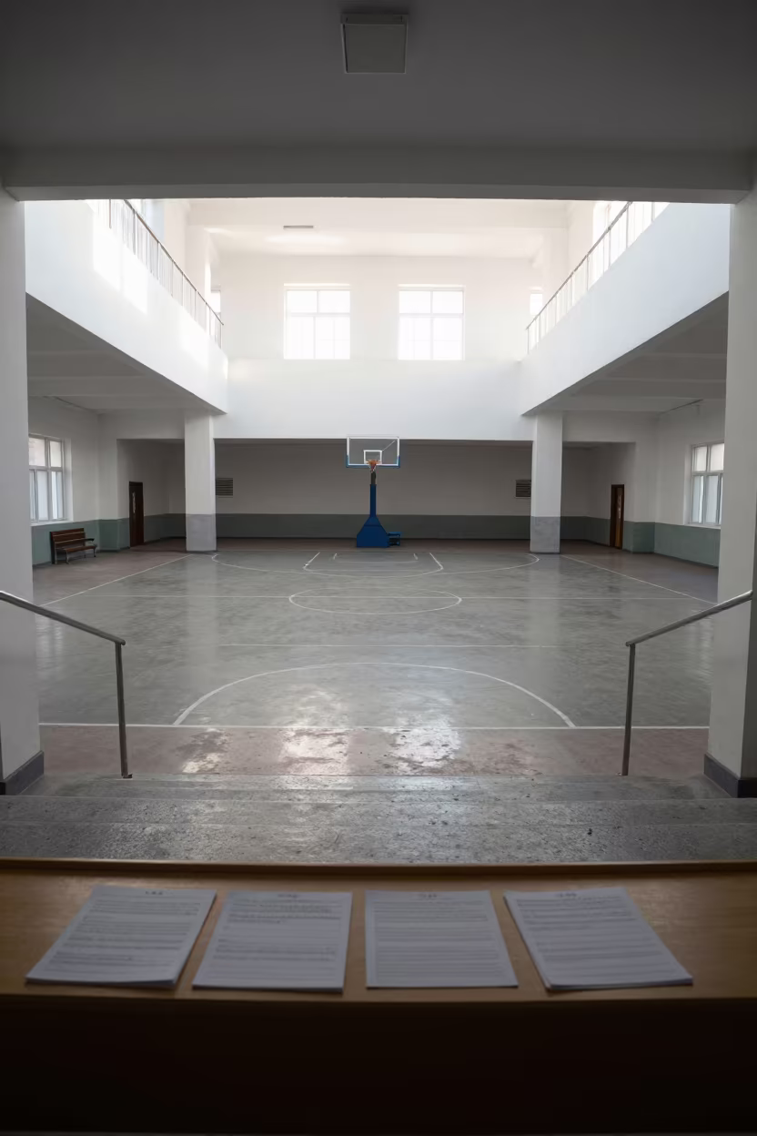 Ulaanbaatar School Staircase Basketball Court View in at a seminar table covered in notes in Ulaanbaatar
