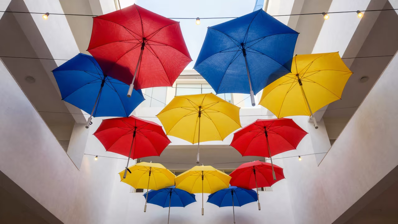 Umbrella Canopies Below Vaulted Tel Aviv Atrium in inside a vaulted atrium in Tel Aviv