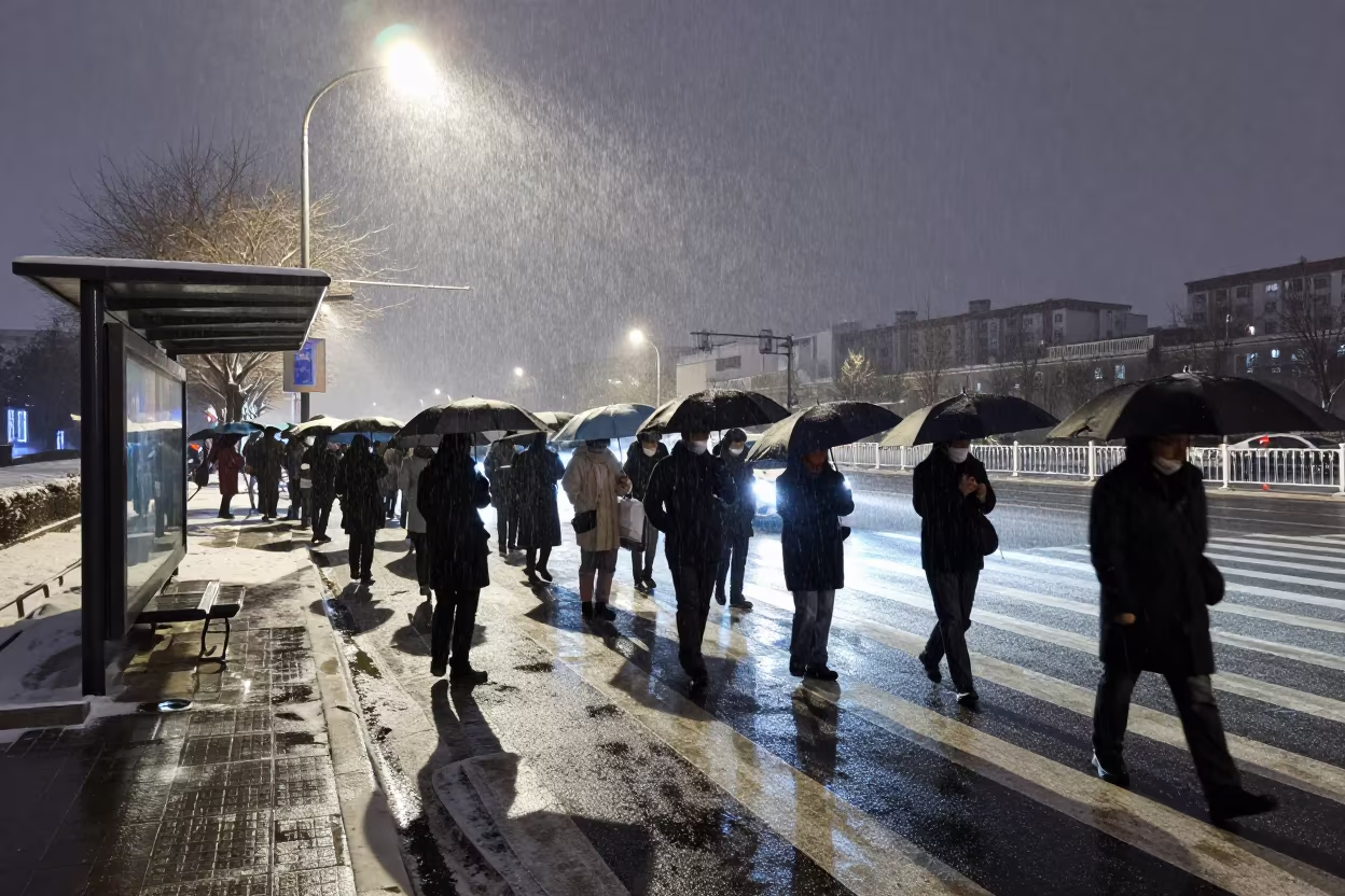 Umbrella Crosswalk Sleet Noon Shadows Wrong Way in beside a steamed-up bus shelter in Hohhot