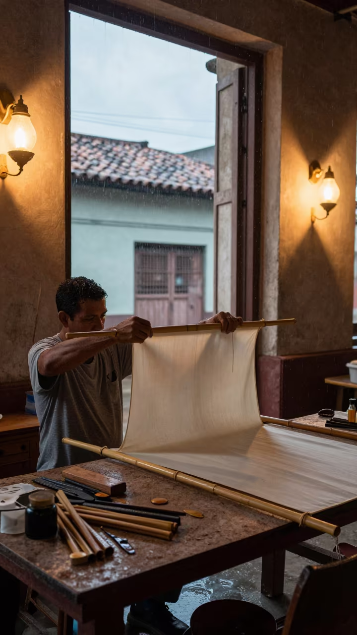 Umbrella Maker Stretches Silk in Havana Atelier in in an atelier in Habana Vieja, Havana