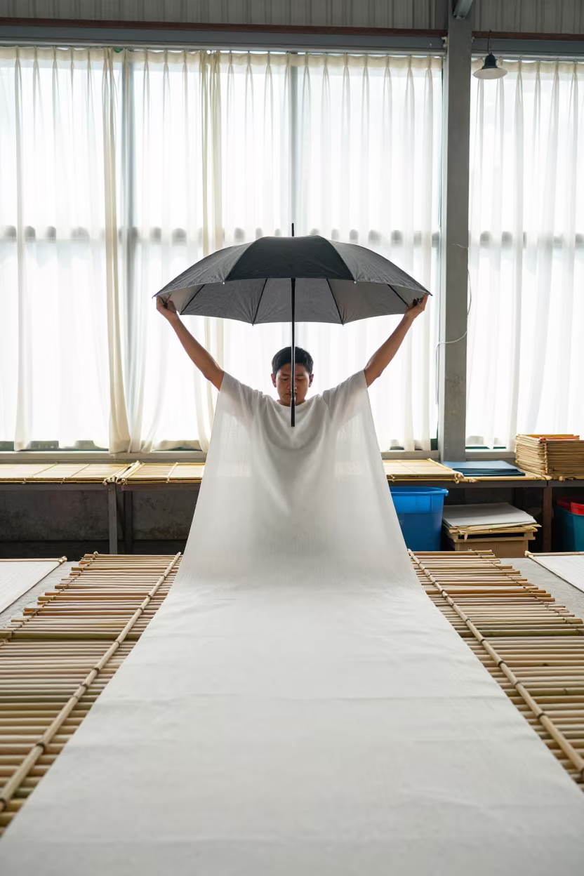 Umbrella Maker Stretches Silk in Kuala Lumpur Market in in a market hall in Kuala Lumpur
