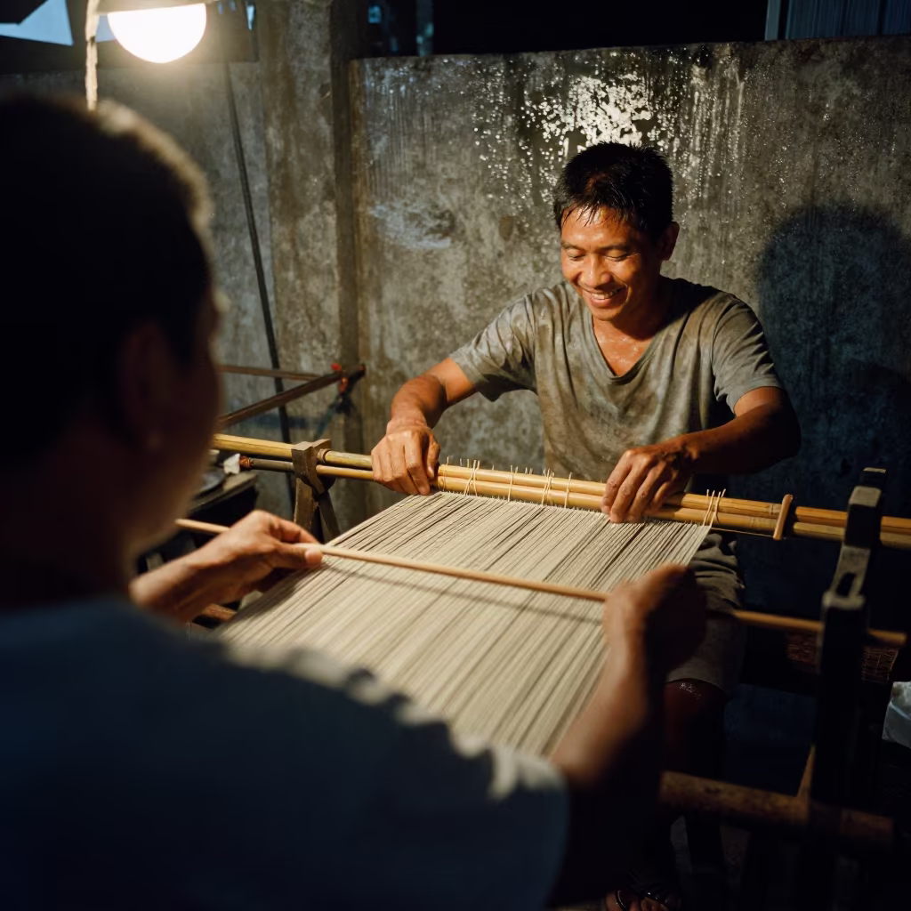Umbrella Maker Stretches Silk in Manila Foundry in in a foundry in Poblacion, Manila