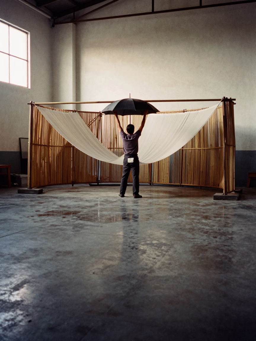 Umbrella Maker Stretches Silk in Salvador Foundry in in a foundry in Salvador