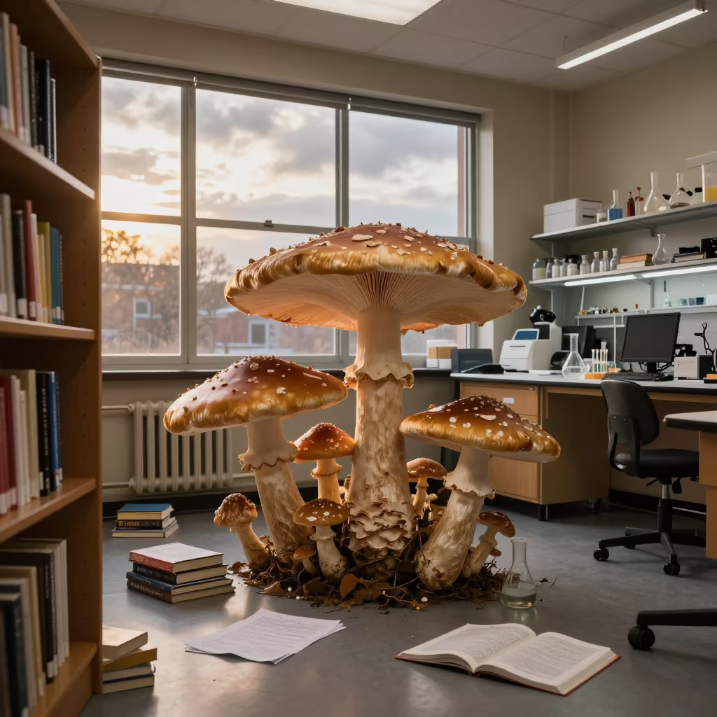 Umbrella Mushrooms in Autumn Classroom in inside a quiet classroom near Des Moines
