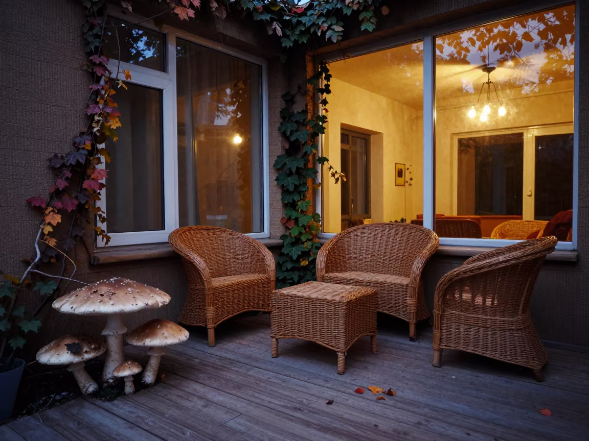 Umbrella Mushrooms in Tabriz Sunroom in on a window seat near Tabriz