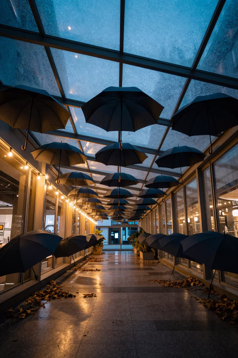 Umbrella Patterns Through Fogged Glass in Gwangju in inside a skylit passageway in Gwangju