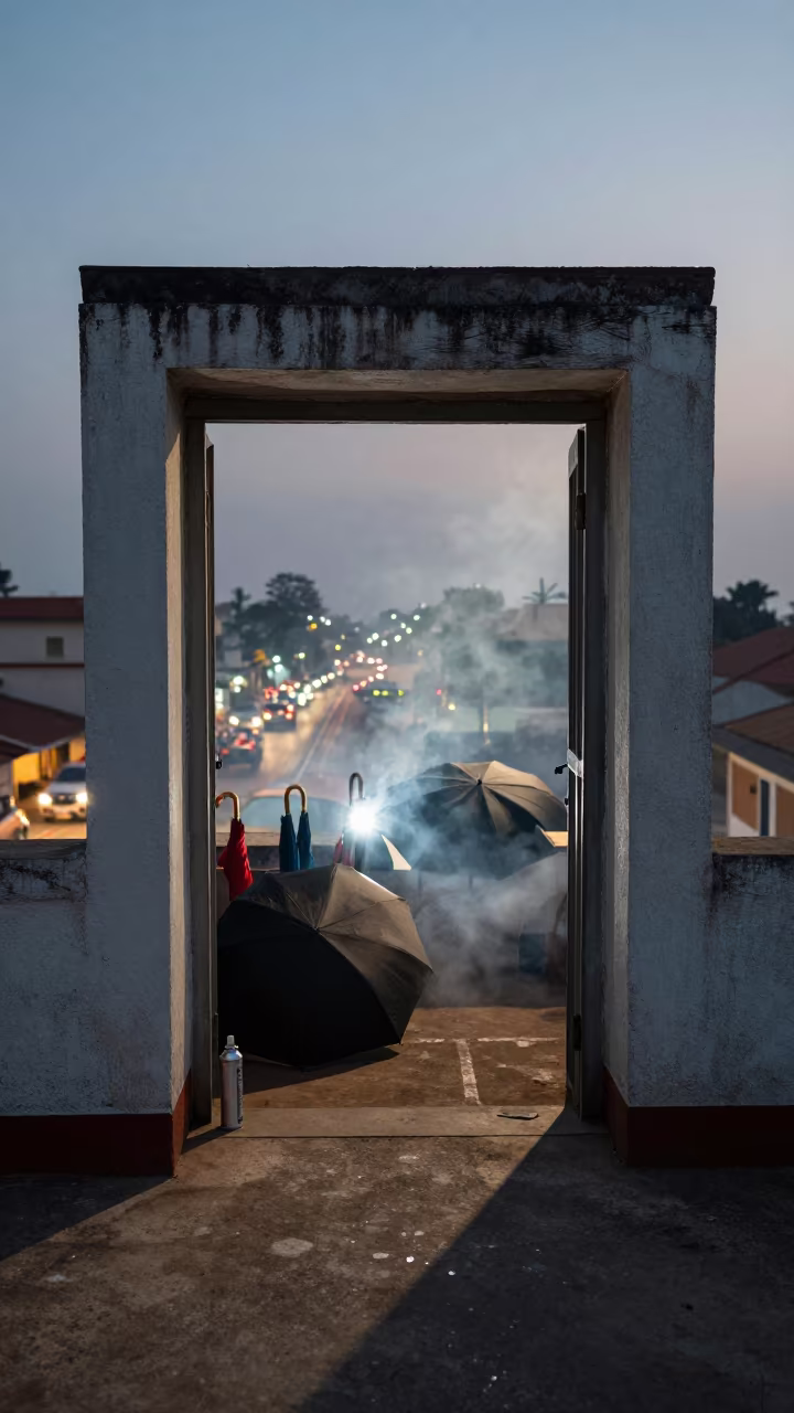 Umbrella Queue at Bissau Rooftop Dawn in on a rooftop above evening traffic near Bissau