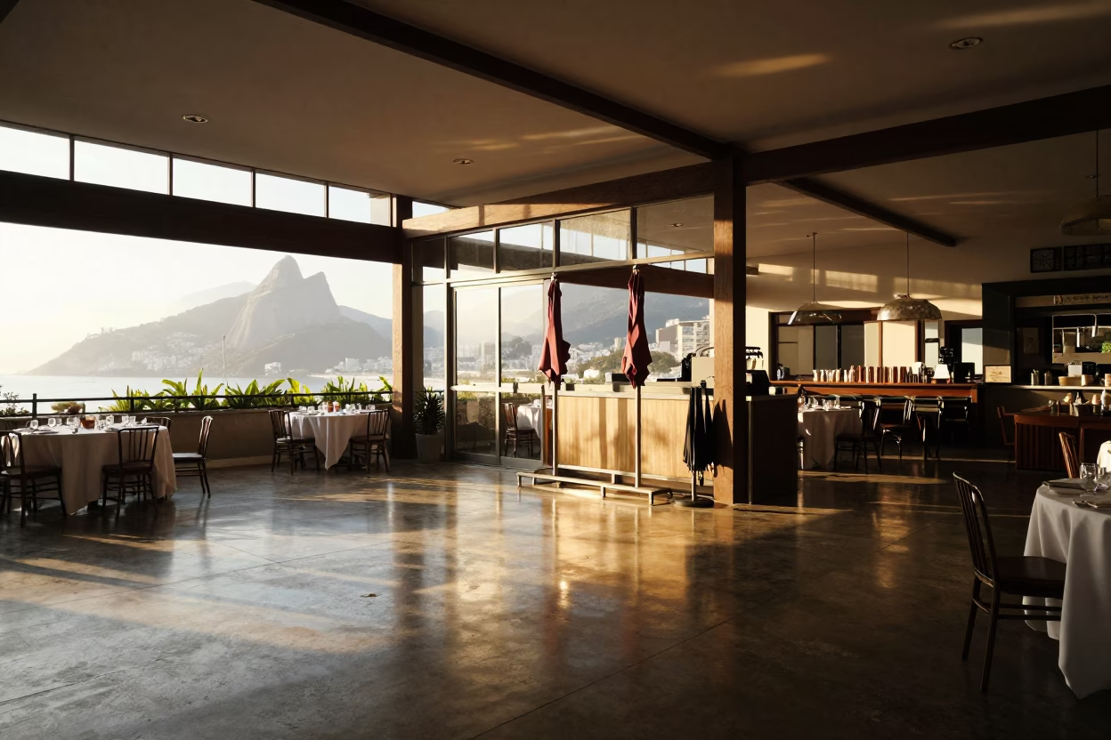 Umbrella Rack in Golden Light Lapa Banquet Hall in inside a banquet hall before service in Lapa, Rio de Janeiro
