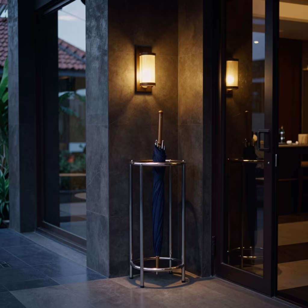 Umbrella Rack at Pre-Dawn Hotel Entrance in at a reception desk under warm light near Denpasar