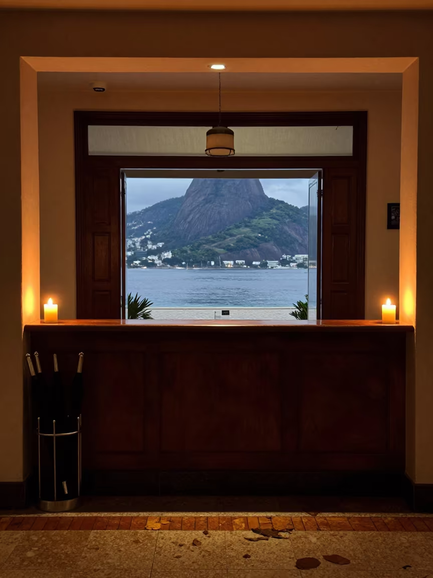 Umbrella Rack at Rio Reception Desk in at a reception desk under warm light in Botafogo, Rio de Janeiro
