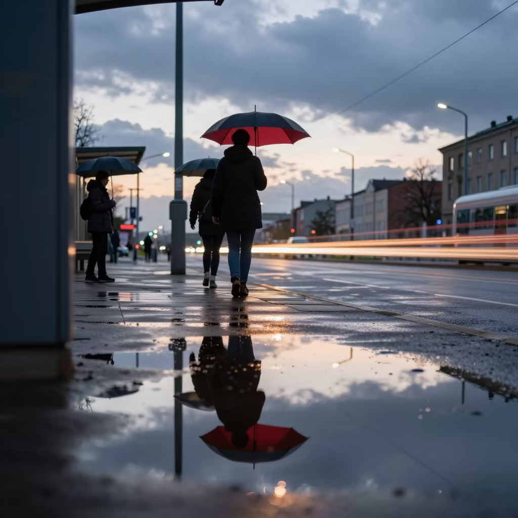 Umbrella Reflections at Šiauliai Tram Stop in at a tram stop in Šiauliai