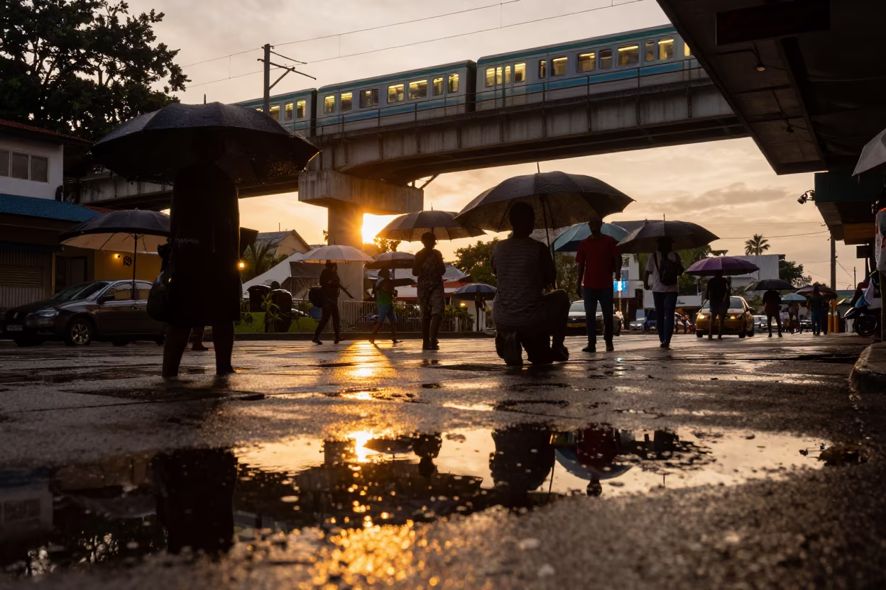 Umbrella Reflections Under Train Line Cap Haitien in under an elevated train line in Cap-Haïtien