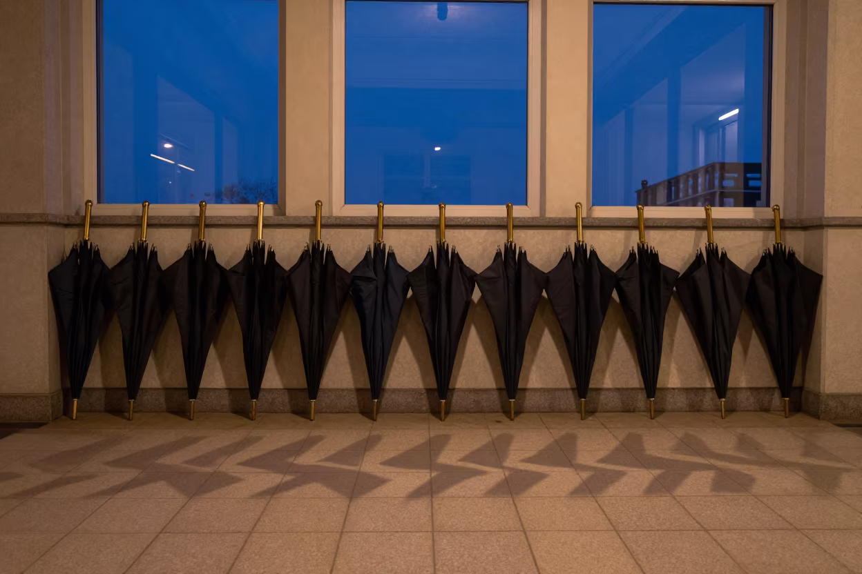 Umbrella Tops Cast Rhythmic Shadows in Amsterdam Hall in inside a tiled stair hall in Amsterdam
