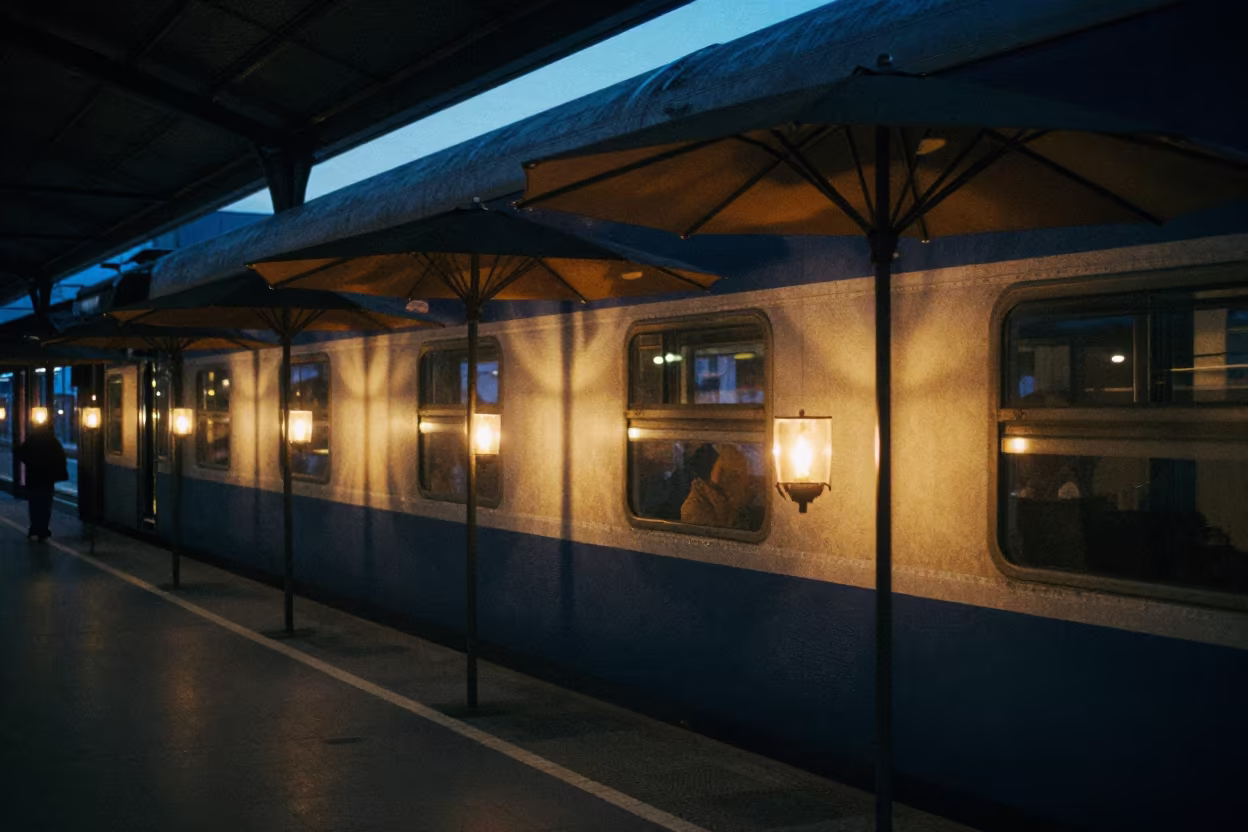 Umbrella Tops Shadow Pattern Indoor Terminal in inside a restored train terminal near Tuni