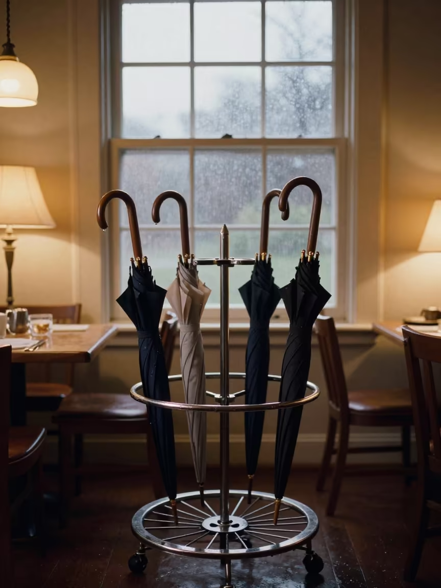 Umbrella Tray in Breakfast Room Before Opening in inside a breakfast room before opening near Potosi