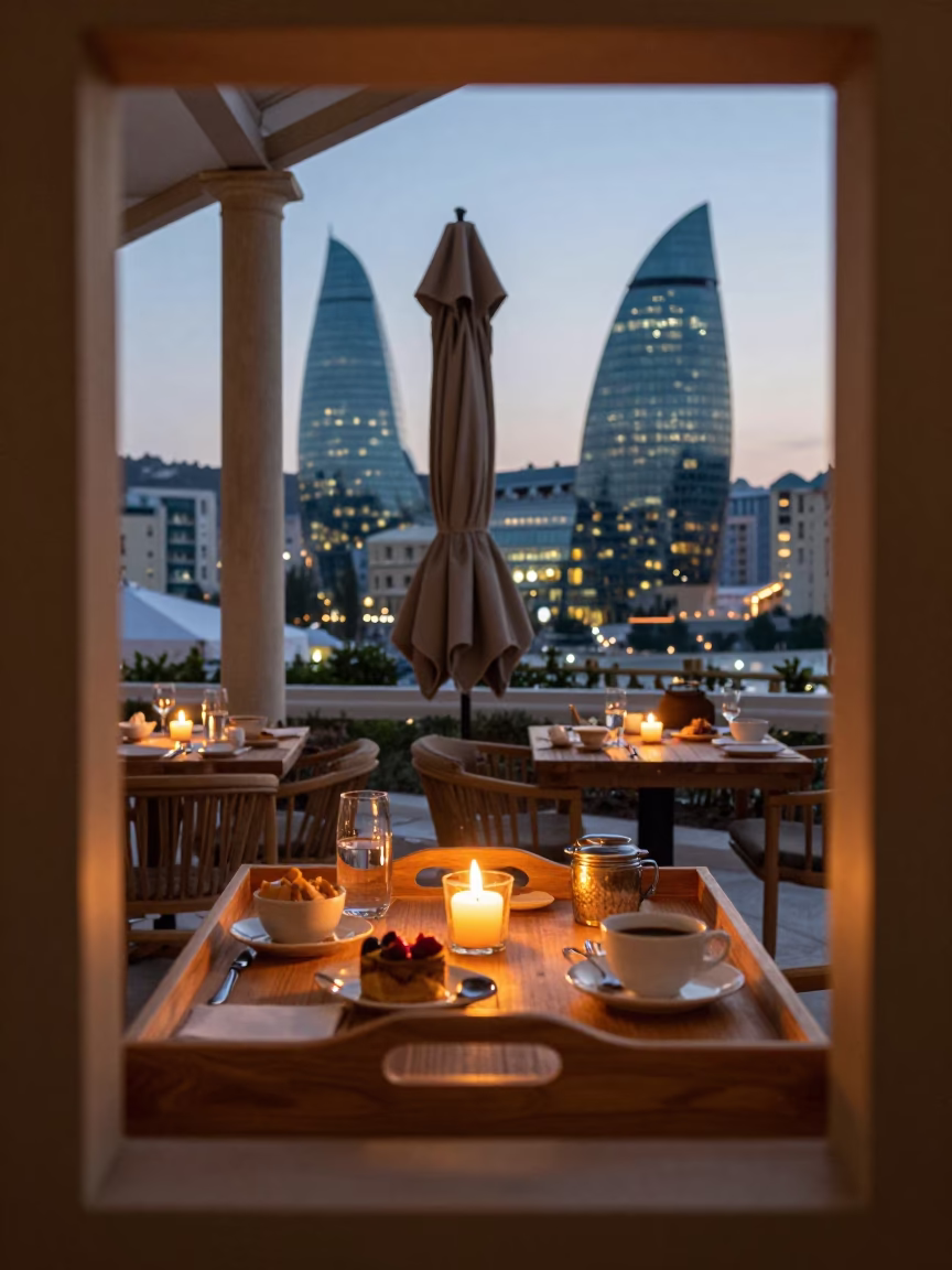 Umbrella Tray in Candlelit Breakfast Room Baku in inside a breakfast room before opening near Baku