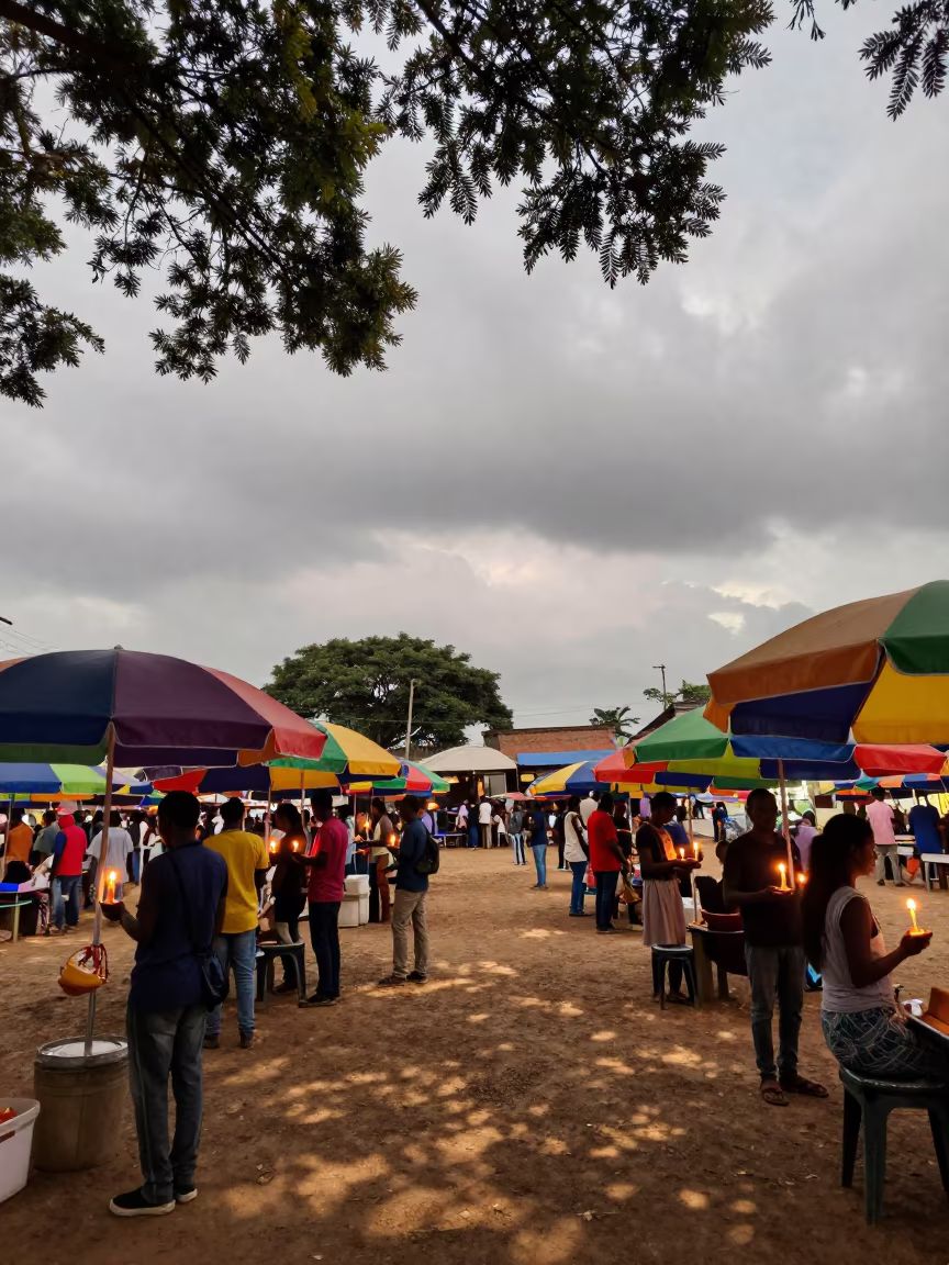 Umbrellas and Candles in Merca Plaza Vigil in in a public square in Merca