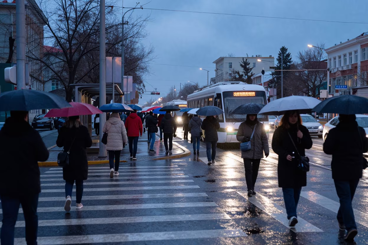 Umbrellas Crowding Changchun Tram Stop Crosswalk in at a tram stop in Changchun