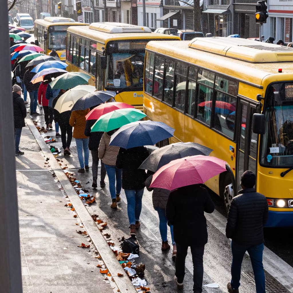 Umbrellas Crowding Oumé Crosswalk Amidst Sleet and Glare in outside a metro entrance in Oumé