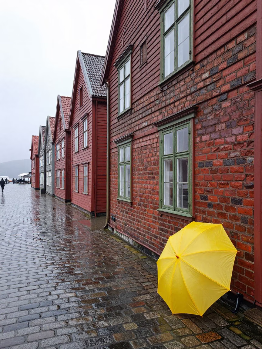 Umbrellas in Bergen at First Light in in Bergen, Norway