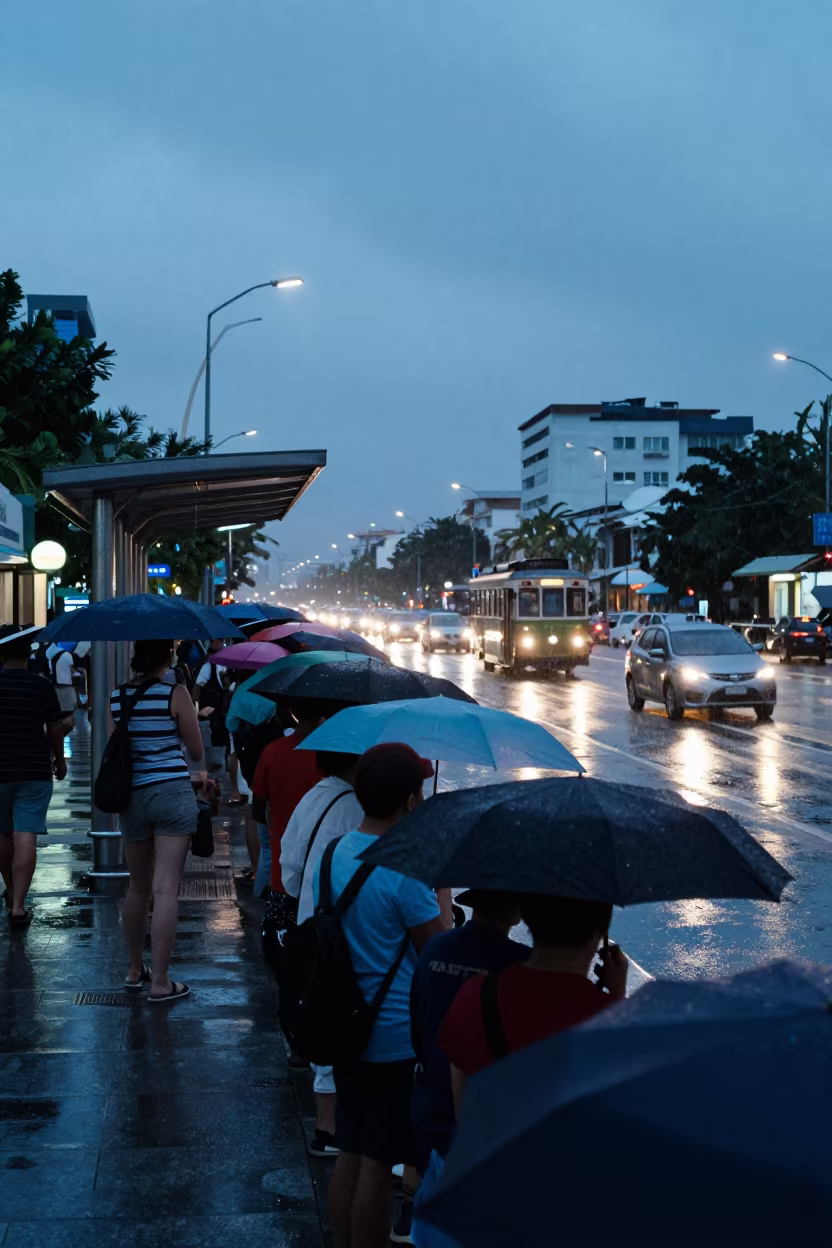 Umbrellas at Tram Stop Under Sleet Blue Hour in at a tram stop in Nha Trang