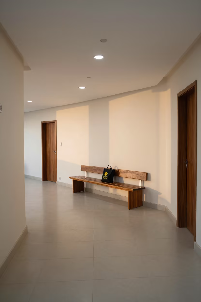 Umm Qasr Hotel Welcome Bench Late Afternoon in in a quiet guest corridor in Umm Qasr