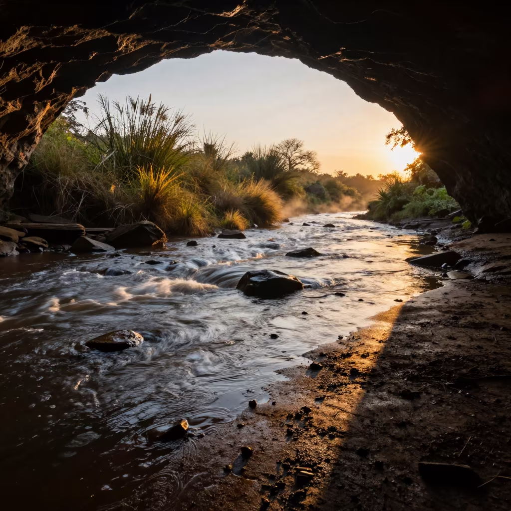 Underground River Emerging from Cave at Golden Hour in across a floodplain after rain near Warri