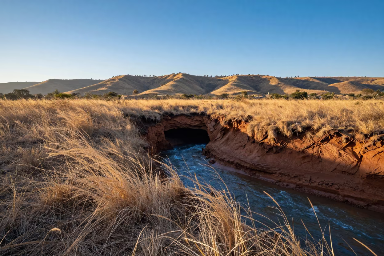 Underground River Emerges From Cave Before Sunrise in from a ridge above layered foothills near Kisumu