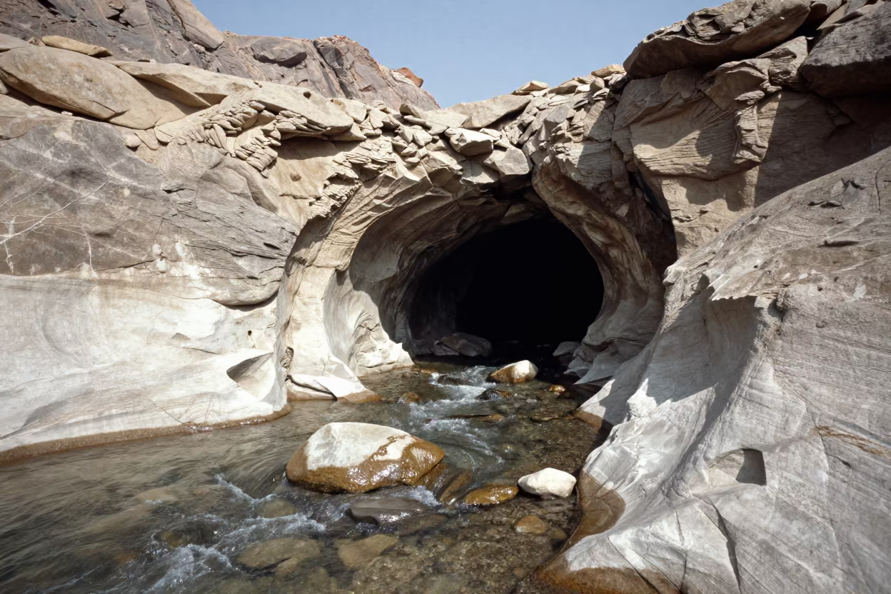 Underground River Emerges From Cave Mouth Gujarat Noon in in Gujarat