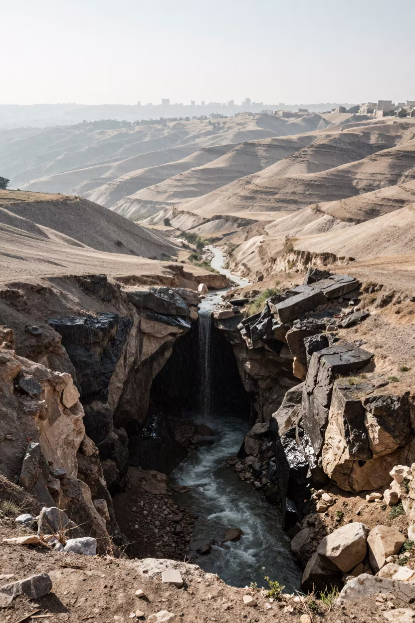 Underground River Emerges from Cave Mouth Ridge Overlooking Amman in from a ridge above layered foothills near Amman