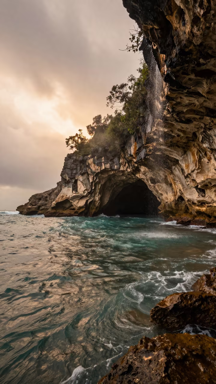 Underground River Emerges from Cave Mouth in along a wave-cut shoreline in Mexico