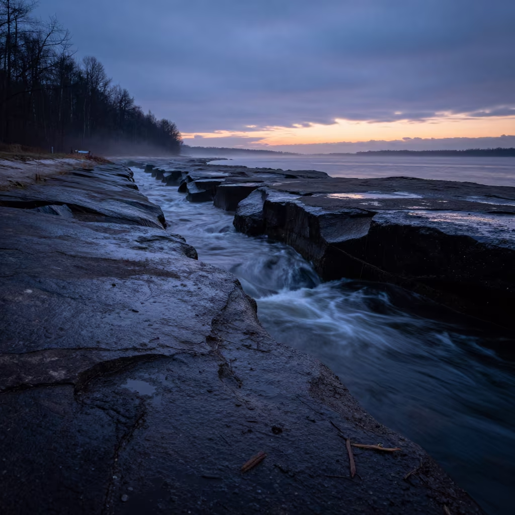 Underground River Emerges at Indigo Twilight Shore in along a wave-cut shoreline near Płock