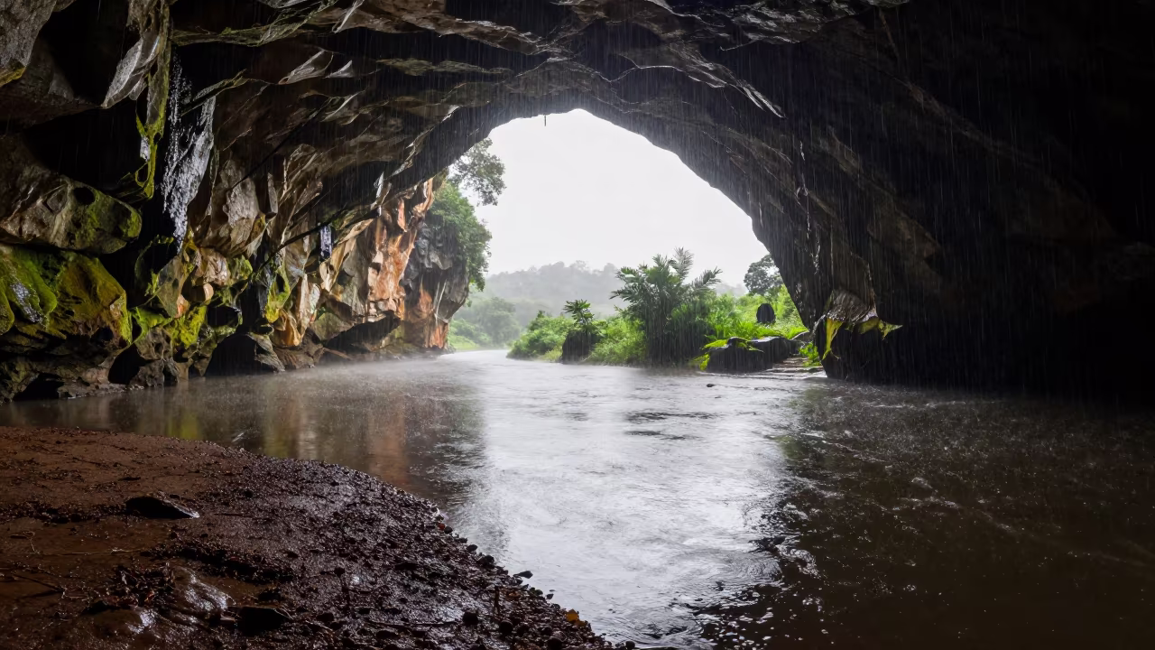 Underground River Emerging From Cave Mouth Brasilia Rainy Season in near Brasilia