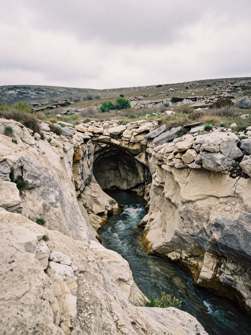 Underground River Emerging From Rock in Greek Foothills in from a ridge above layered foothills in the Greek Islands