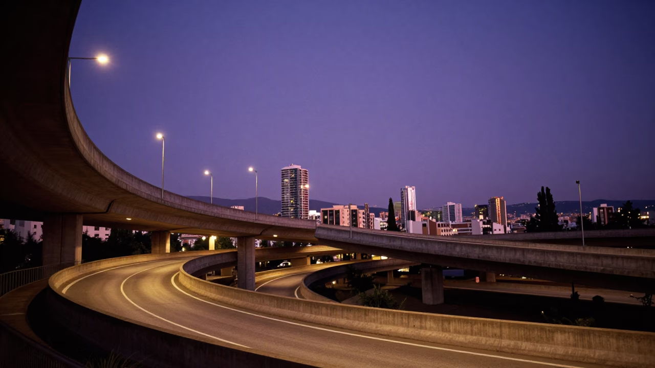 Underpass Interchange Ramp at The Deepest Night Sky Light in Barcelona in in Barcelona, Spain