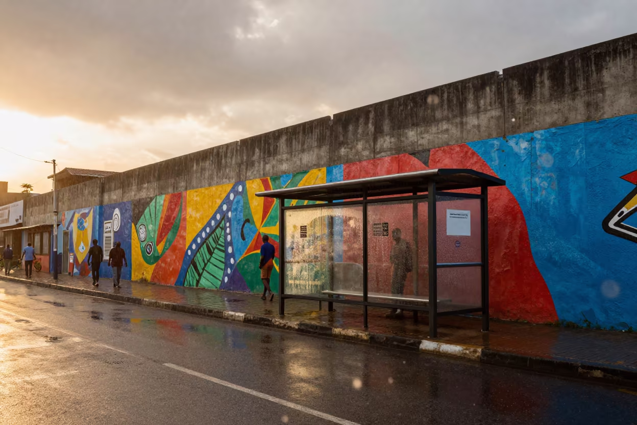Underpass Mural Reflections Lome Sunset Drizzle in beside a steamed-up bus shelter in Lome