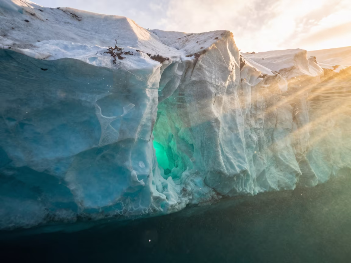 Underwater Ice Wall Golden Hour Glaze in beneath a pressure-ridged sheet of sea ice near Laugavegur, Reykjavik