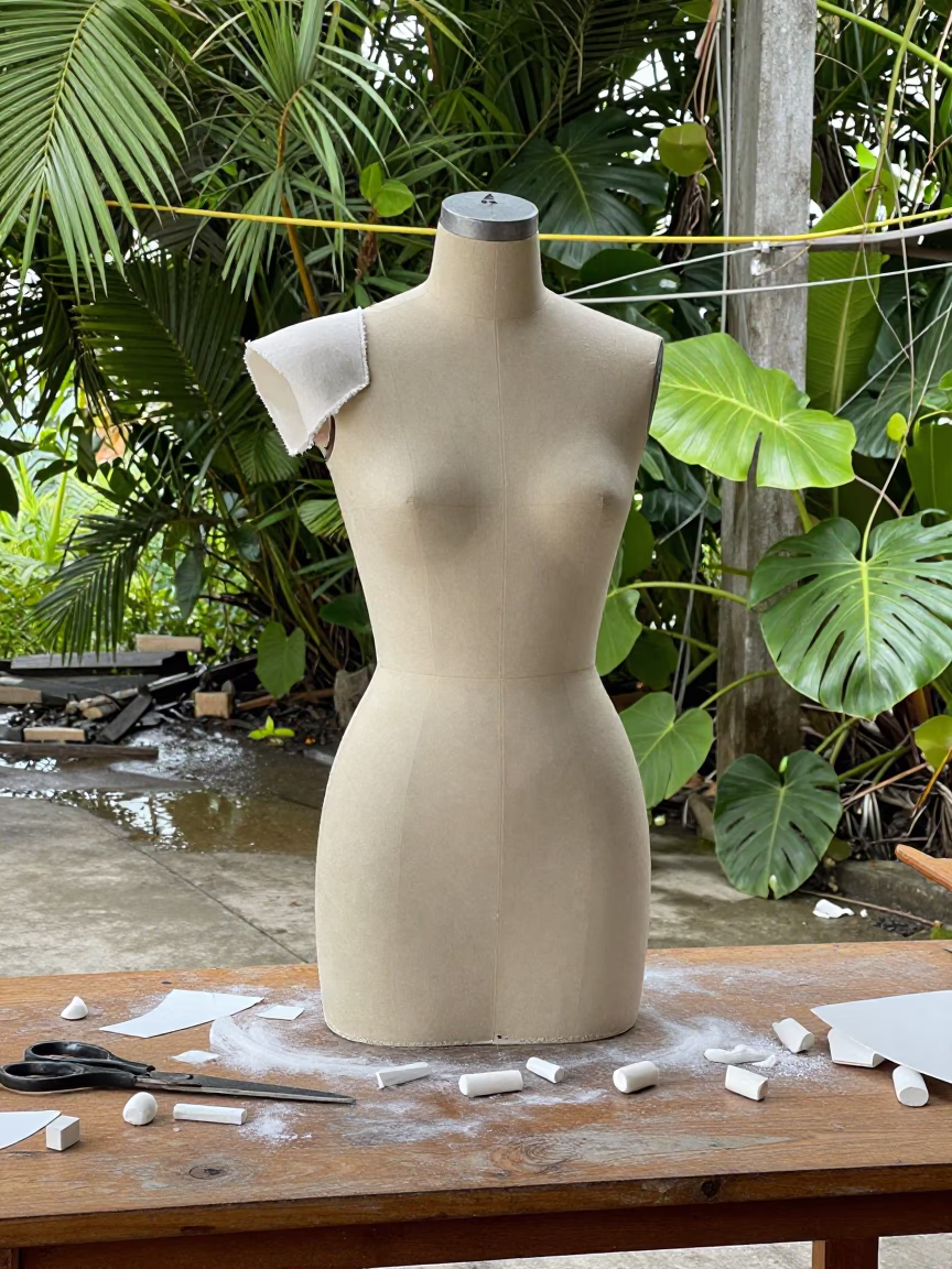 Unfinished Canvas Shoulder Dress Form in Guantánamo in at a tailoring table strewn with chalk and shears in Guantánamo