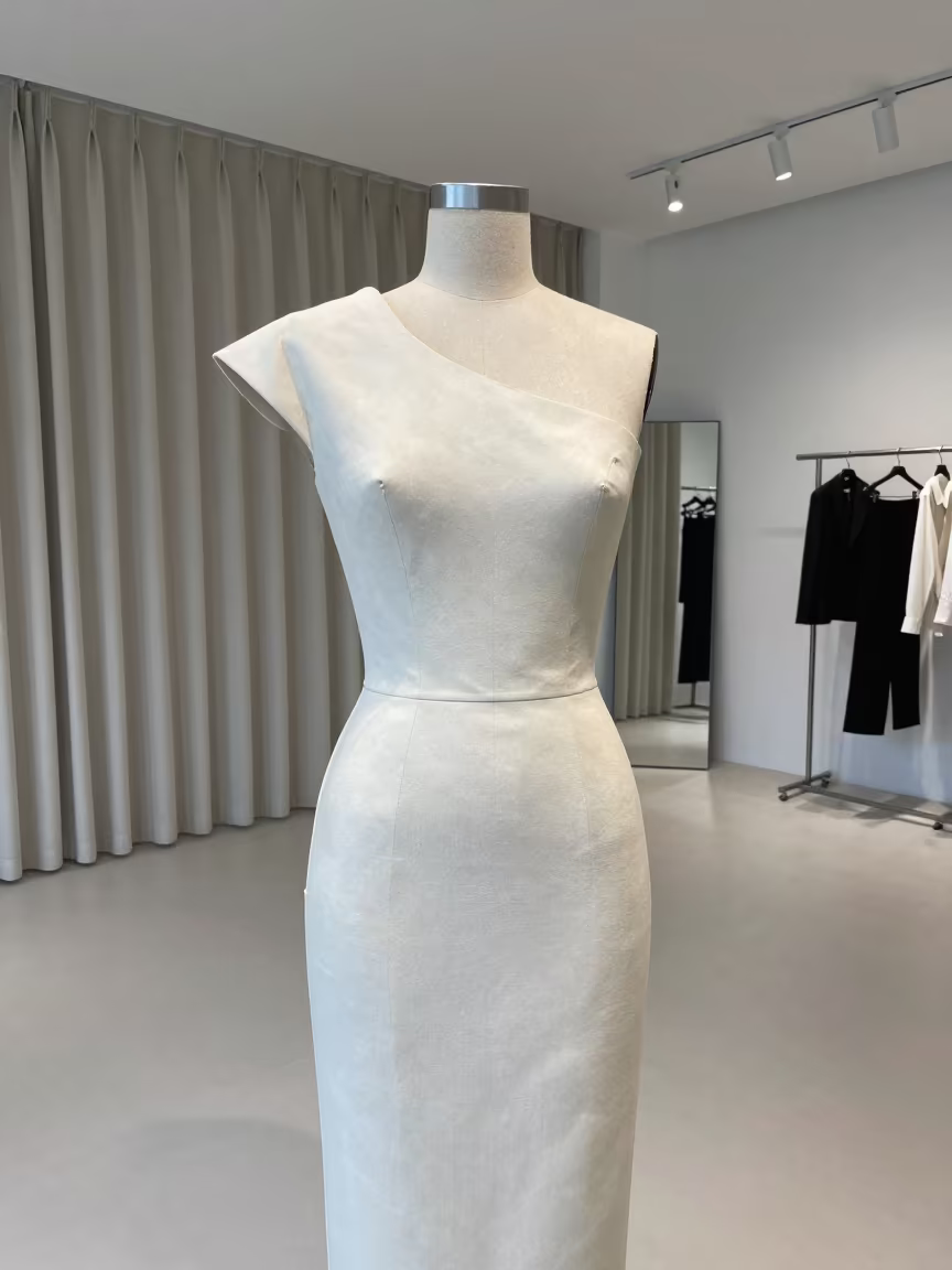 Unfinished Canvas Shoulder on Dress Form in inside a minimalist showroom near Shorouk