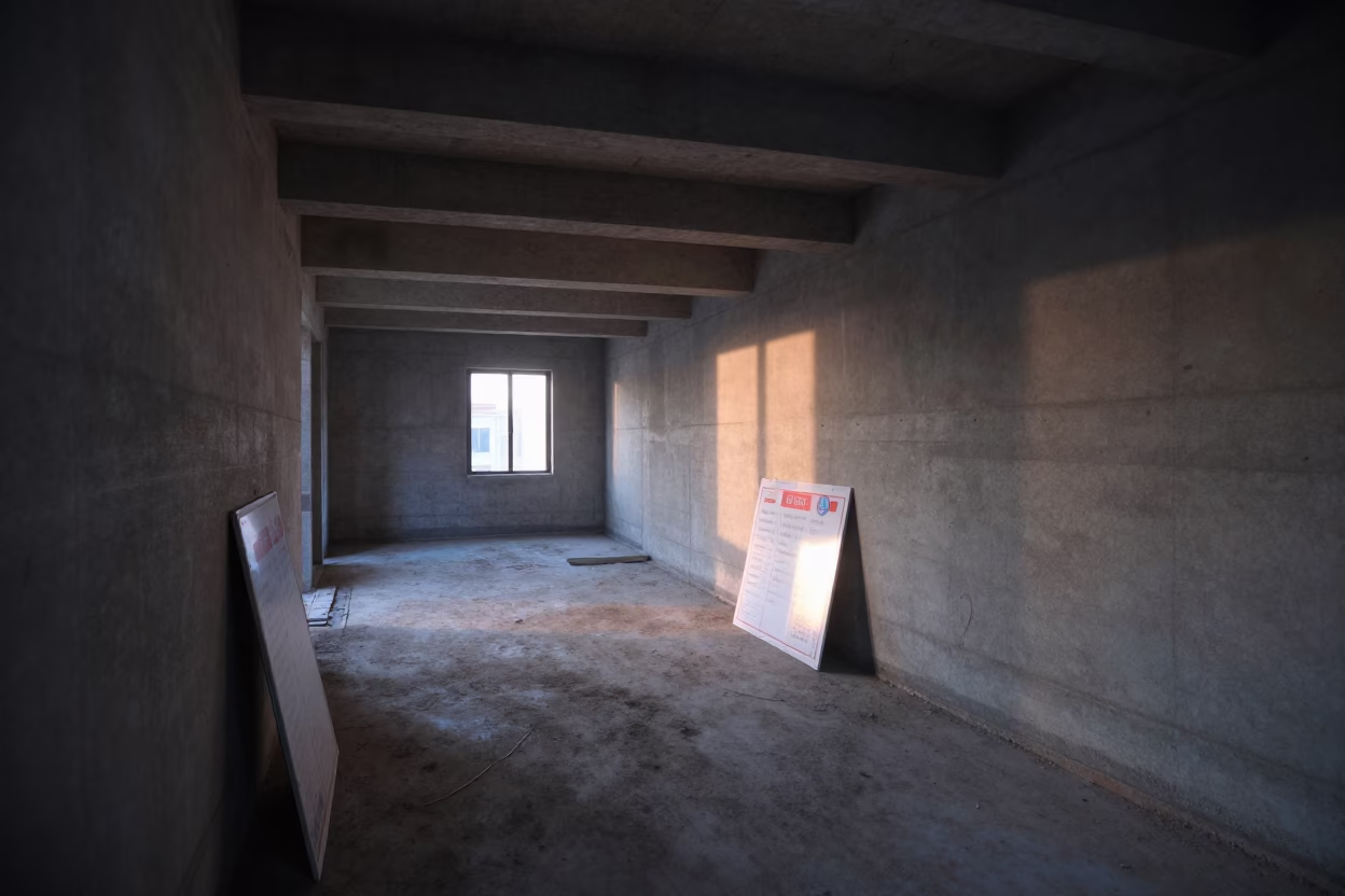 Unfinished Corridor Jiangxi Predawn Neon Light in in a renovation zone under temporary light in Jiangxi