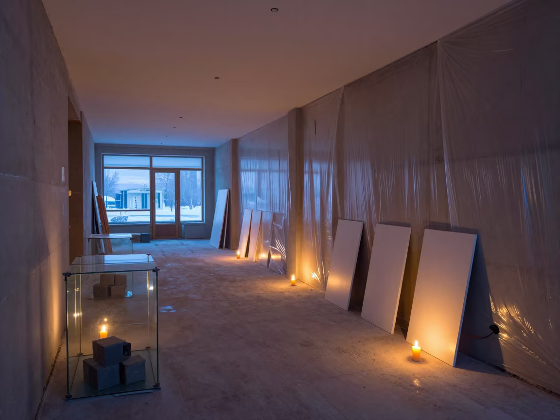 Unfinished Russian Lobby Candlelit Winter Blue Hour in inside an unfinished corridor in Russia