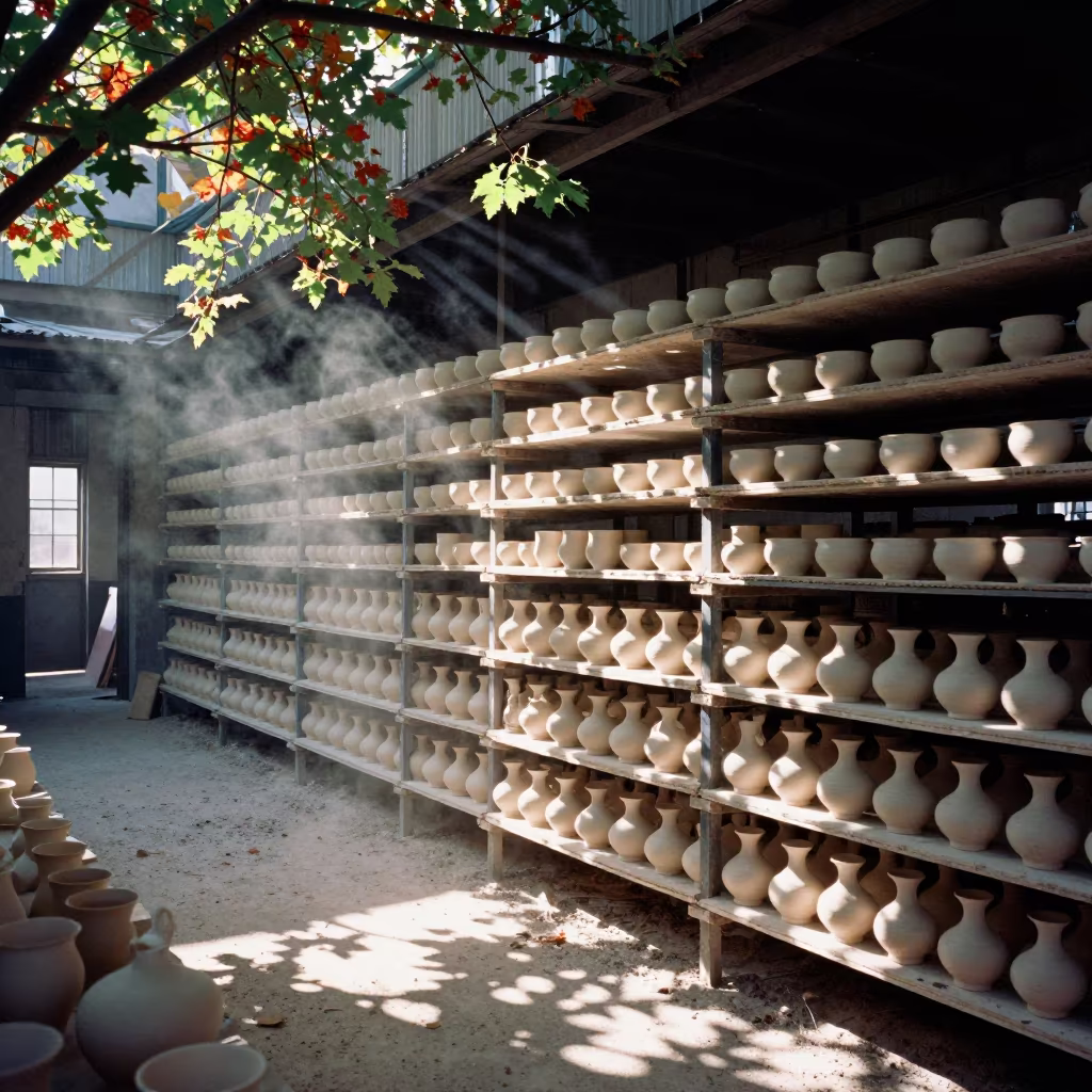 Unfired Pottery Shelves in Qingdao Kiln Room in beside a blast furnace near Qingdao
