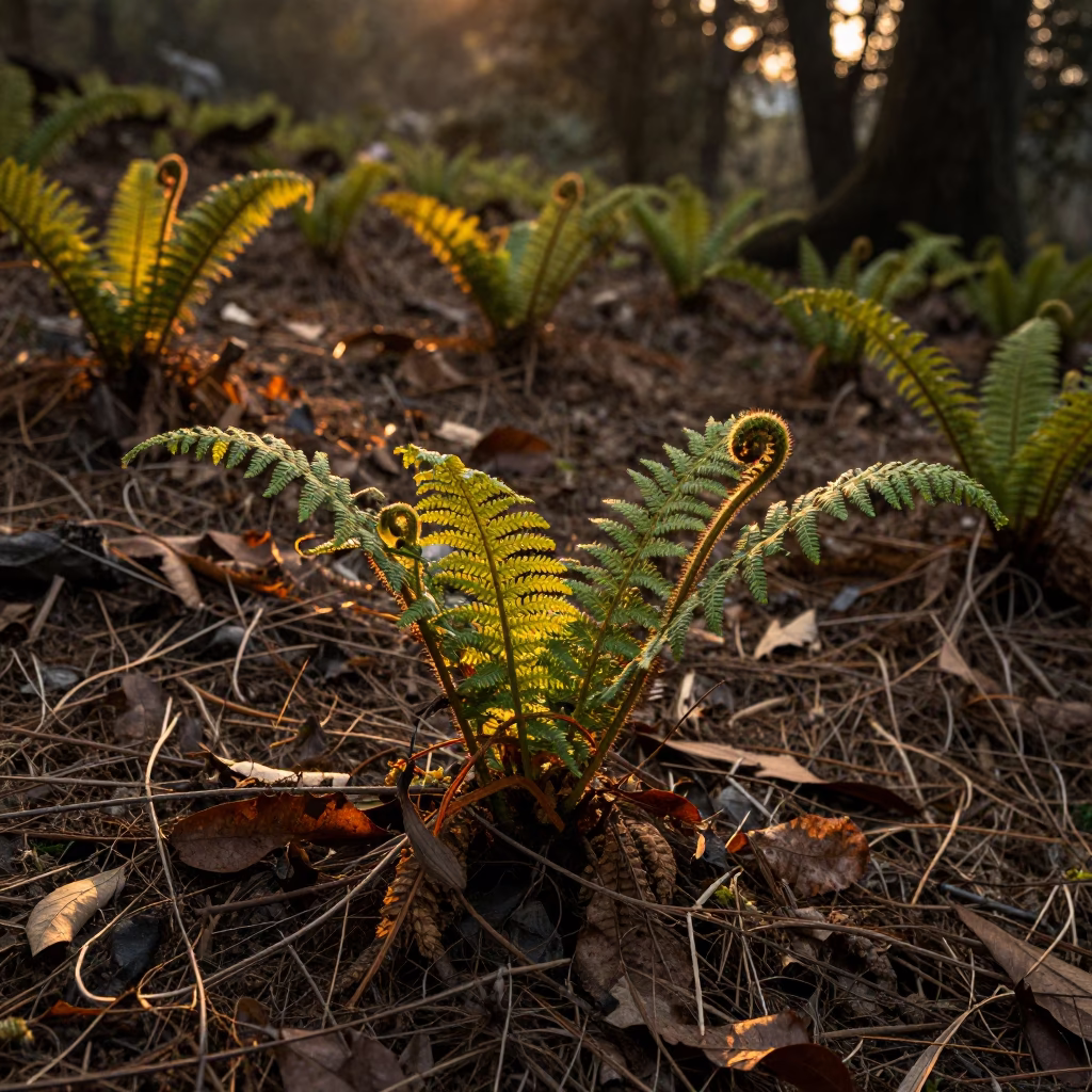 Unfurling Ferns on Nepal Forest Floor at Golden Hour in on a fern-lined forest floor in Nepal