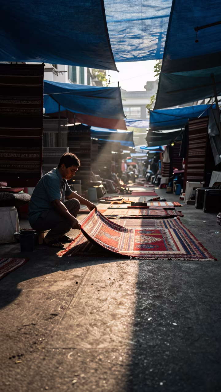 Unfurling Handwoven Carpet in Ho Chi Minh Morning Light in in a flea market lane in Ho Chi Minh City