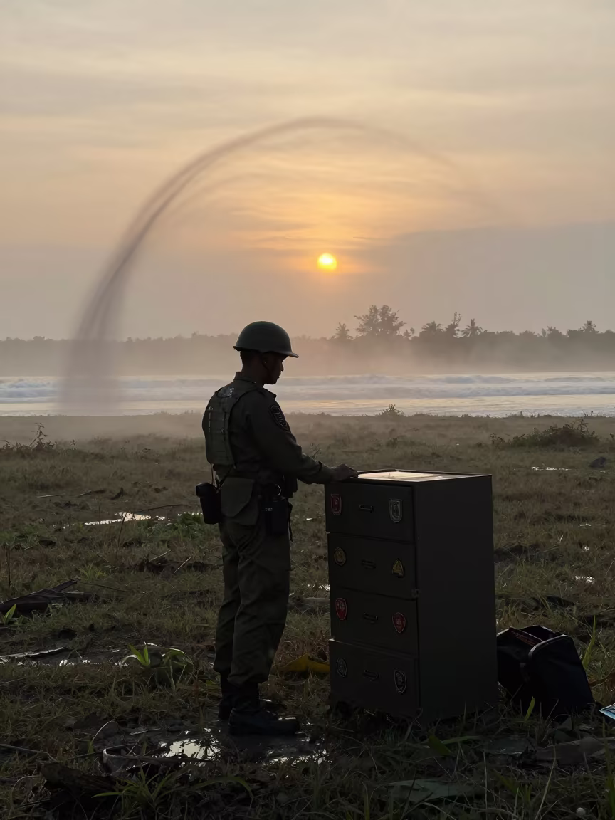 Uniform Patch Silhouette at Dawn in Lombok in beside a convoy halt on open ground in Lombok