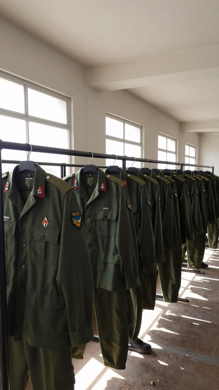 Uniforms Hanging at Attention in Maputo Command Post in inside a command post in Maputo